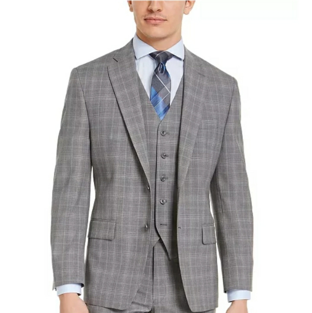 Michael Kors Men's Classic-Fit Airsoft Stretch Gray Plaid Wool Suit Jacket